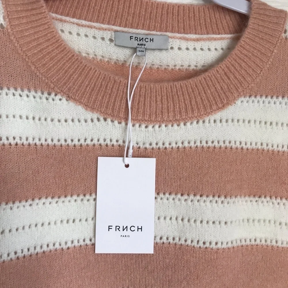FRNCH Paris  Long Sleeve Pullover Sweater Crew Neck Striped White/Tan SZ S/M